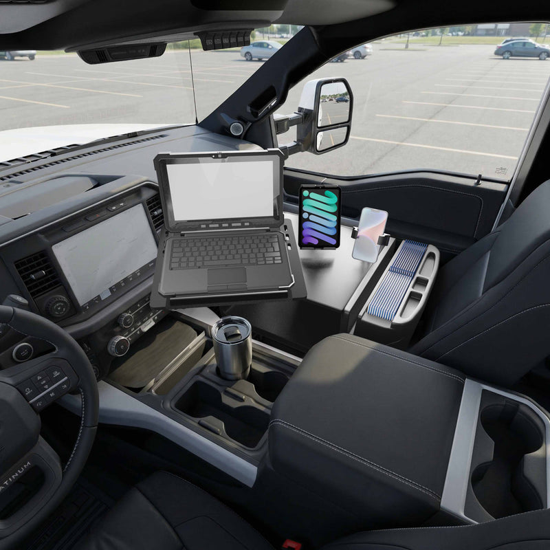 AutoExec Reach Front Seat Car Desk with Slim-Grip® Ultra Pro and RoadVise® Ultra Pro Drill-Base Mount