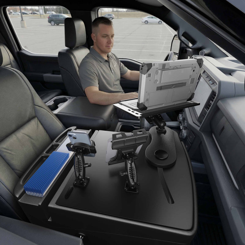 AutoExec Reach Front Seat Car Desk with Slim-Grip® Ultra Pro and RoadVise® Ultra Pro Drill-Base Mount
