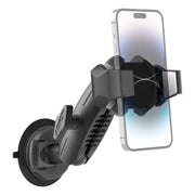 The SkyHold™ Windshield Suction Phone Mount securely grips your smartphone in landscape mode with adjustable arms and a sturdy suction cup base, keeping your device steady and the screen easily visible while driving.