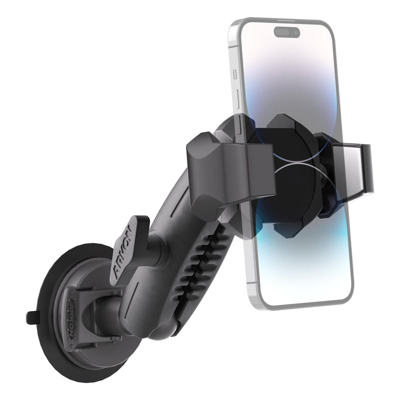 The SkyHold™ Windshield Suction Phone Mount securely grips your smartphone in landscape mode with adjustable arms and a sturdy suction cup base, keeping your device steady and the screen easily visible while driving.