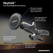 A promotional image of the SkyHold™ Yoke Mount with Phone Holder - MagSafe Compatible, featuring labeled callouts for its magnetic grip, adjustable arm, and sturdy yoke clamp, mounted in an airplane cockpit.