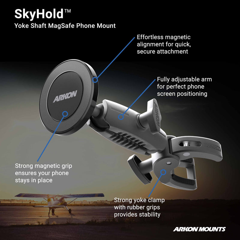 A promotional image of the SkyHold™ Yoke Mount with Phone Holder - MagSafe Compatible, featuring labeled callouts for its magnetic grip, adjustable arm, and sturdy yoke clamp, mounted in an airplane cockpit.