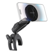 The SkyHold™ Yoke Mount with Phone Holder – MagSafe Compatible secures your smartphone using a black clamp-style holder that easily attaches to handlebars, poles, or yokes. Phone shown semi-transparent for illustration.