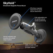 The SkyHold™ Windshield Suction Mount with Magnetic Phone Holder—MagSafe compatible—is shown with its adjustable arm and powerful suction. Text highlights secure magnetic grip, easy alignment, stability, and effortless use. An airplane is in the background.