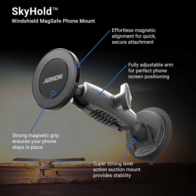 The SkyHold™ Windshield Suction Mount with Magnetic Phone Holder—MagSafe compatible—is shown with its adjustable arm and powerful suction. Text highlights secure magnetic grip, easy alignment, stability, and effortless use. An airplane is in the background.