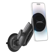 The SkyHold™ Windshield Suction Mount features a black magnetic phone holder and an adjustable arm for versatile positioning. Its MagSafe compatible pad securely holds your smartphone vertically on the windshield.