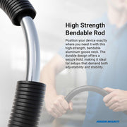 A person holds the Clamp Mounting Pedestal with 12 Gooseneck - Dual-T Compatible, featuring black ribbed grips for a secure hold. The text notes its stability and adjustability for device mounting. Arkon Mounts logo is in the corner.