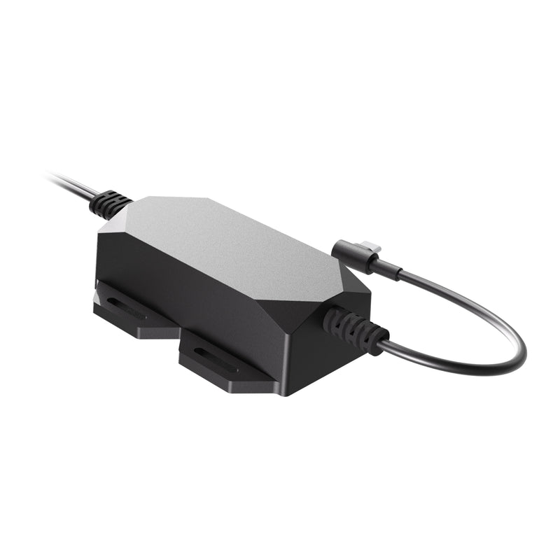 Arkon Mounts Fixed Install Wiring Harness – 30W Single Port, a black electronic power module with mounting flanges, a 30W USB-C power port, a hardwired input cable, and a short output cable.