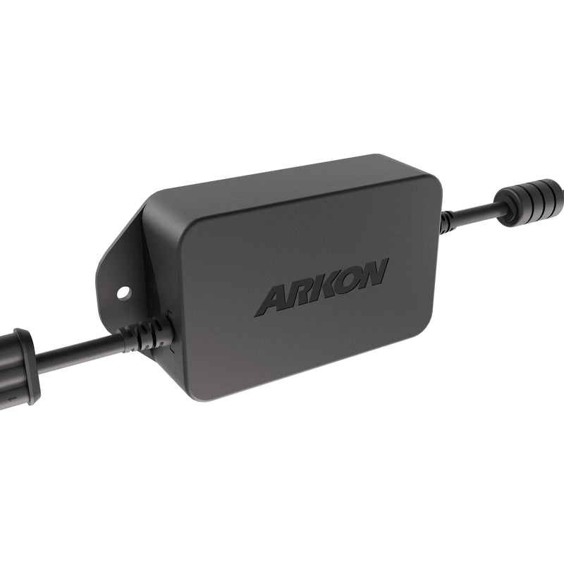 A black rectangular Arkon Mounts 60W USB-C & USB-A Charging Harness with cables connected on both ends, designed for mounting, likely used as an adapter or power supply, featuring Quick Charge 3.0 technology for fast and efficient charging.