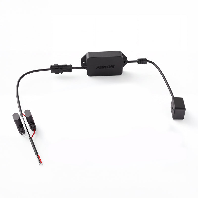 A black Arkon Mounts 60W USB-C & USB-A Charging Harness, featuring exposed cables on the left and a rectangular sensor or connector on the right for efficient charging with USB-C Power Delivery, is set against a white background.