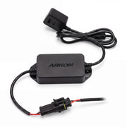 A black Arkon Mounts 60W USB-C & USB-A Charging Harness, featuring an attached connector plug and red and black wires, Quick Charge 3.0 capability, and displayed on a white background.