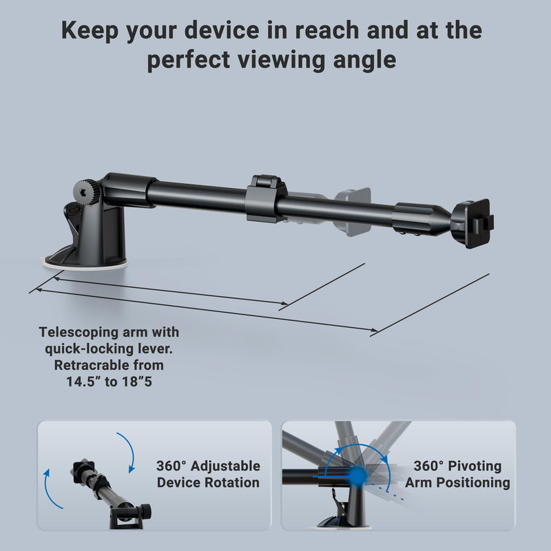Long Arm Windshield Suction Mounting Pedestal with Dual-T Pattern
