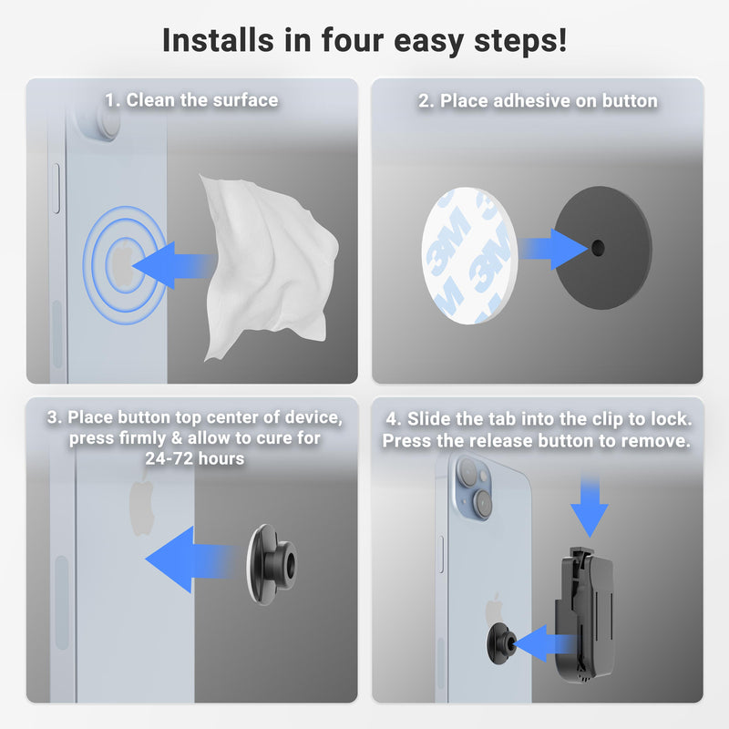 Instruction graphic for installing the Universal Belt Clip Holder for Smartphones, Cameras, Radios, Walkie Talkies, and Remotes: clean device surface, apply adhesive to button and attach, let cure, then slide tab into clip to lock; press release to remove.