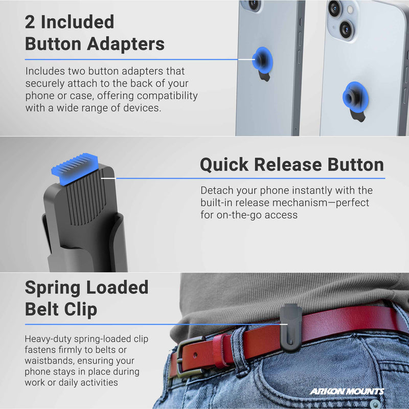 The image displays the Universal Belt Clip Holder for Smartphones, Cameras, Radios, Walkie Talkies, and Remotes: two button adapters on phone cases, a close-up of the quick release button, and the belt clip securing a phone to a red belt and jeans.