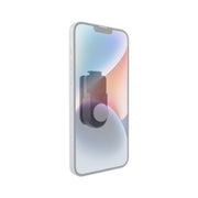 A modern smartphone with a colorful abstract wallpaper stands upright, showcasing the Universal Belt Clip Holder for Smartphones, Cameras, Radios, Walkie Talkies, and Remotes attached to its semi-transparent back along with a detachable round accessory.