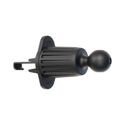 The Adjustable Car Vent Mount with 17mm Ball is a black, cylindrical plastic base with a ridged grip, locking mechanism, and ball end. It fits 17mm device holders for hands-free phone use and features LOCK labels for secure attachment.