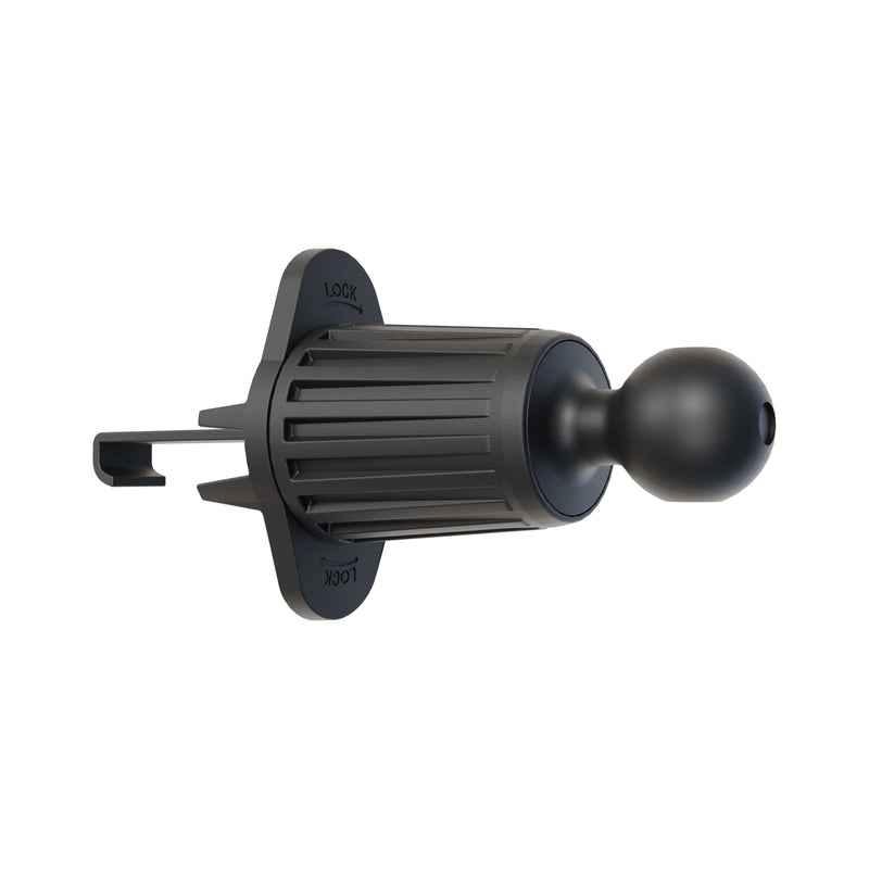 The Adjustable Car Vent Mount with 17mm Ball is a black, cylindrical plastic base with a ridged grip, locking mechanism, and ball end. It fits 17mm device holders for hands-free phone use and features LOCK labels for secure attachment.