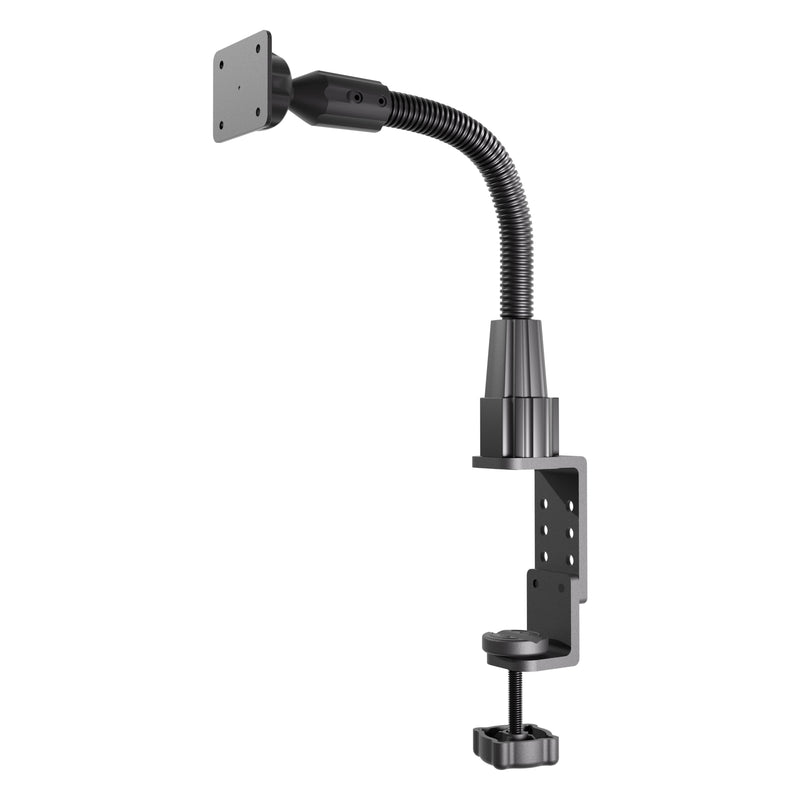 Arkon Mounts Clamp with 12″ Gooseneck - AMPS Compatible featuring an adjustable desk clamp, a flexible gooseneck arm, and a rectangular AMPS-compatible mount plate.