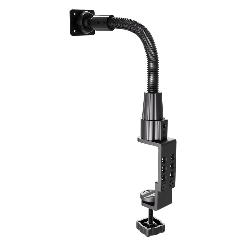 Arkon Mounts Clamp with 12″ Gooseneck - AMPS Compatible featuring a 12-inch flexible arm with a square mounting plate at one end and an AMPS-compatible clamp mounting pedestal at the other.