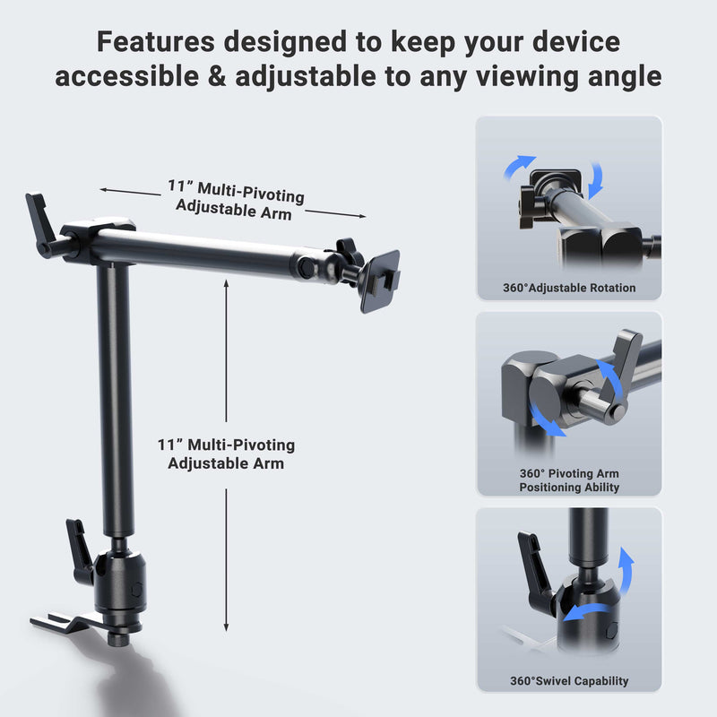 The Heavy-Duty Seat Rail or Floor Car Mounting Pedestal with a 22 adjustable arm (Dual-T compatible) offers versatile positioning and accessibility with pivot, swivel, and 360° rotation for your tablet.