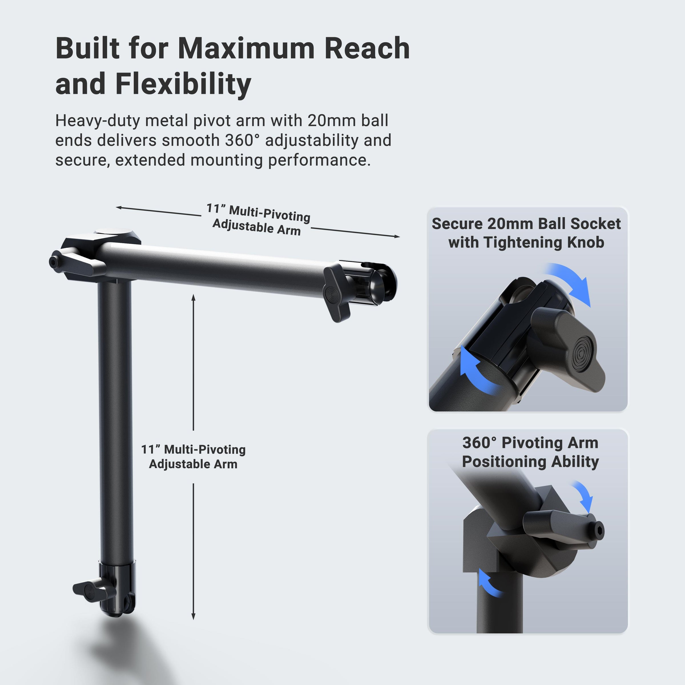 Dual 20mm Ball Socket Adjustable Pivot Arm — Arkon Mounts