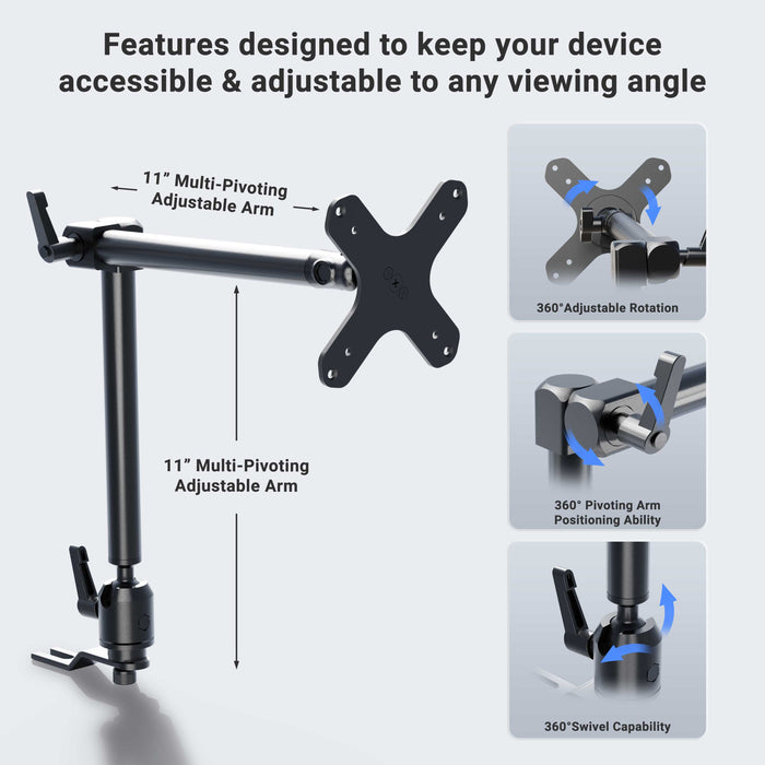 Heavy-Duty Car Seat Rail Mount with 22-inch Adjustable Arm - VESA 75/VESA 100 Compatible