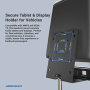 The Taxi Headrest Tablet Mobile Printer Payment Terminal Mount secures devices to a car headrest, supporting VESA 75 and AMPS patterns—ideal for safe backseat use by fleet and rideshare passengers.