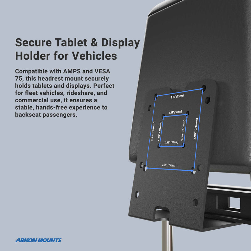 The Taxi Headrest Tablet Mobile Printer Payment Terminal Mount secures devices to a car headrest, supporting VESA 75 and AMPS patterns—ideal for safe backseat use by fleet and rideshare passengers.