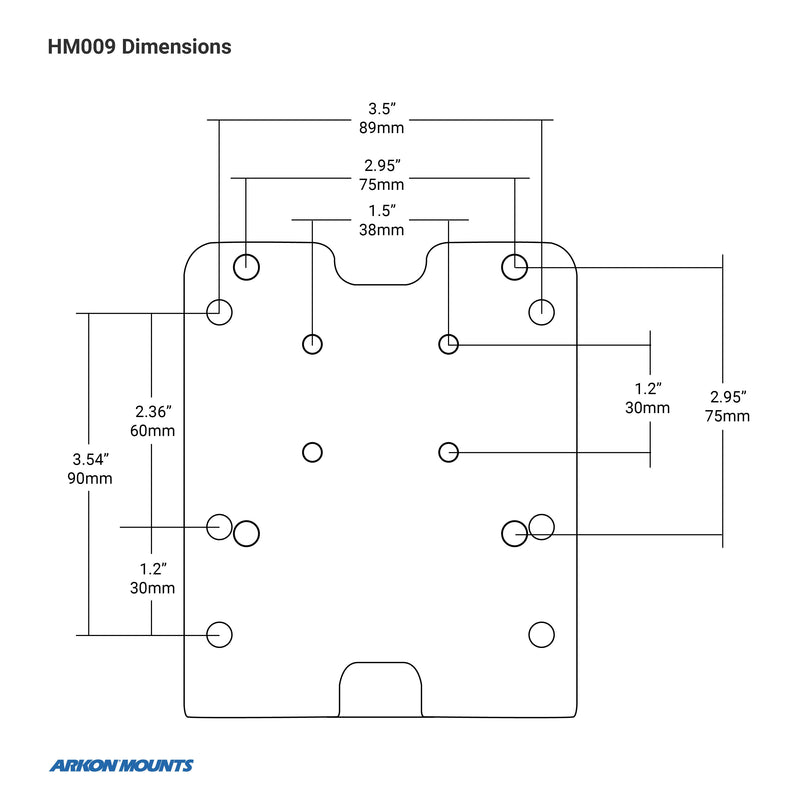 Technical diagram of the Taxi Headrest Tablet Mobile Printer Payment Terminal Mount - 4-Hole AMPS Compatible, showing labeled dimensions (inches/mm), rectangular plate with rounded corners, and hole positions/spacing.