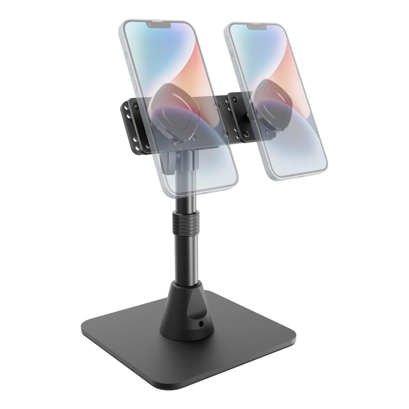 The Dual Phone Magnetic Mount Desk Stand is a black adjustable holder with a square base, shown securely holding and rotating smartphones vertically and horizontally—perfect for hands-free viewing or live streaming.