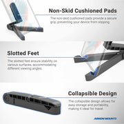 The Portable Tablet/Phone Stand features non-skid cushioned pads, adjustable slotted feet for stability, and a collapsible design. Shown in three labeled close-ups, its the ideal work-from-home accessory.