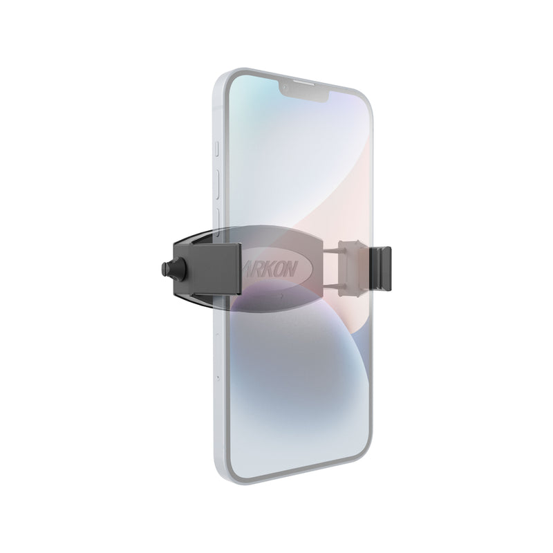 The Mobile Grip 2 Universal Phone Holder for iPhone, Galaxy, Note, and more is shown in black with adjustable grips securely holding a modern smartphone at an angle on a white background.