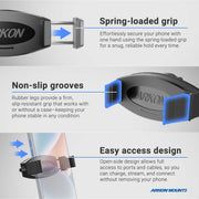 Infographic highlighting the 11 Adjustable Tripod Mount with Phone Holder: secure spring-loaded grip, non-slip grooves, and open-side design for easy cable access—perfect for creators needing charging while filming.