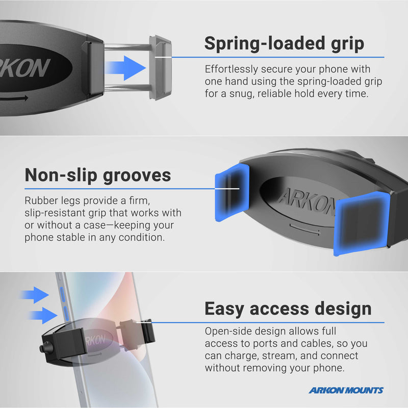 Infographic highlighting the 11 Adjustable Tripod Mount with Phone Holder: secure spring-loaded grip, non-slip grooves, and open-side design for easy cable access—perfect for creators needing charging while filming.