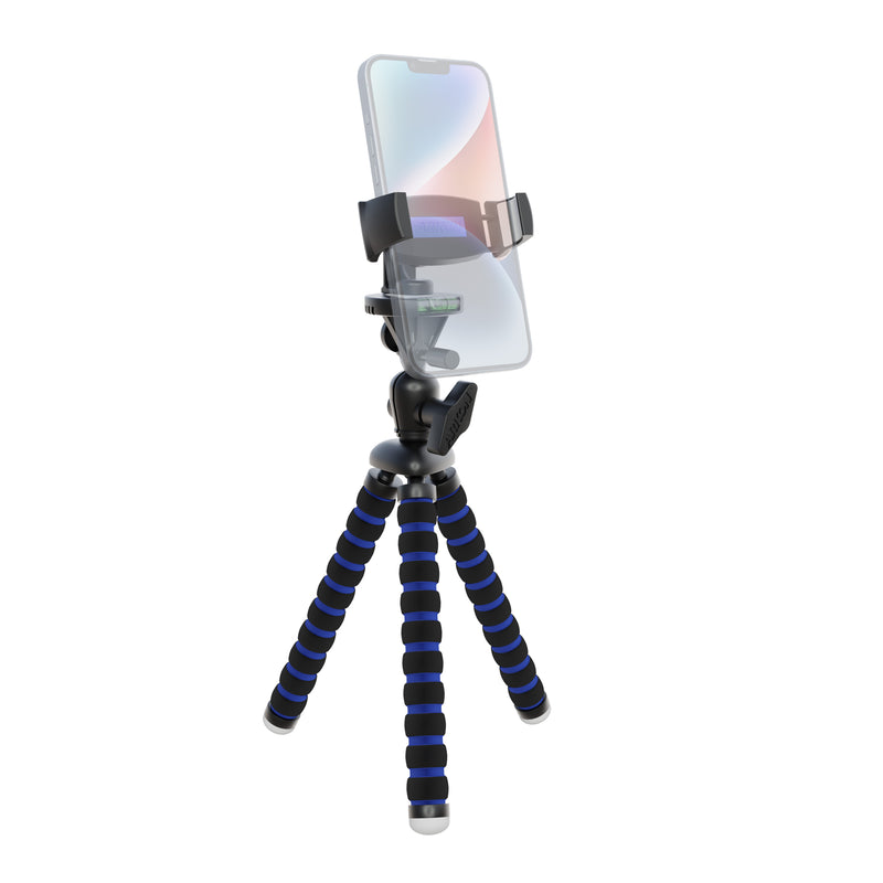 The Mobile Grip 5 Tripod Phone Mount for iPhone, Galaxy, and Note features black and blue striped flexible legs, holding your smartphone upright against a white background—an ideal accessory for content creators.