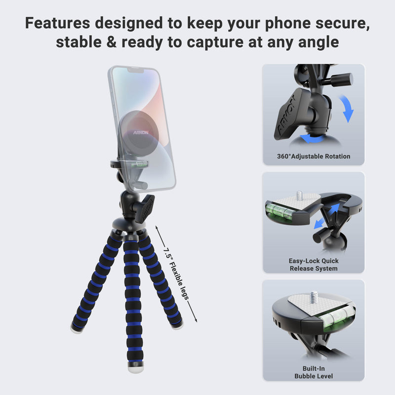 The Magnetic Phone Holder with 11 Flexible Tripod offers MagSafe compatibility, 360° adjustable rotation, an easy-lock quick release system, and a built-in bubble level for stable and precise phone positioning—ideal for content creators.
