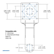 Technical drawing of a mounting bracket with dimensions and compatibility details.