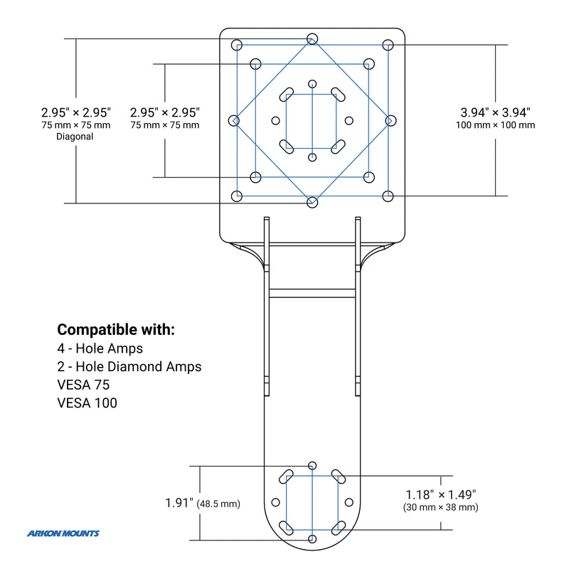Technical drawing of a mounting bracket with dimensions and compatibility details.