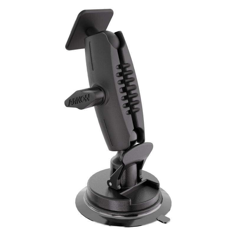 Arkon Mounts Adjustable Suction Cup Mount with 3.75″ Arm, a black adjustable suction cup mount featuring a 25mm ball-compatible shaft arm and a mounting plate.