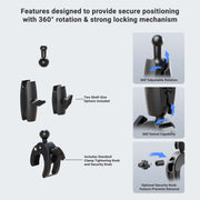 Image of the Robust Clamp Mount with Security Knob - 17mm Compatible, featuring 360° adjustable rotation and swivel, two shaft size options, a standard tightening knob, and an optional security knob to prevent removal.