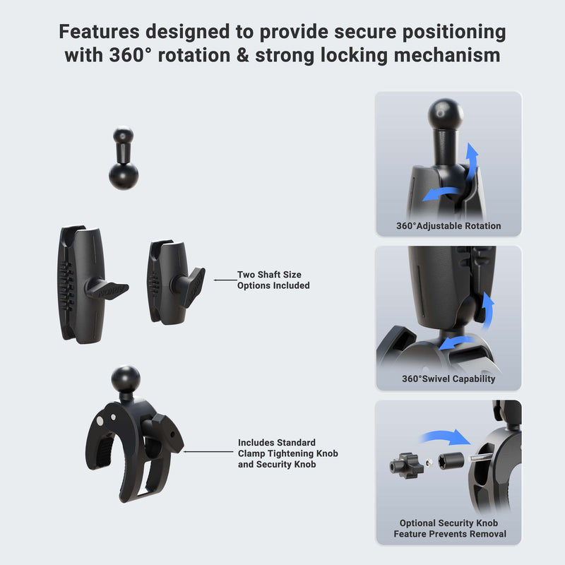 Image of the Robust Clamp Mount with Security Knob - 17mm Compatible, featuring 360° adjustable rotation and swivel, two shaft size options, a standard tightening knob, and an optional security knob to prevent removal.