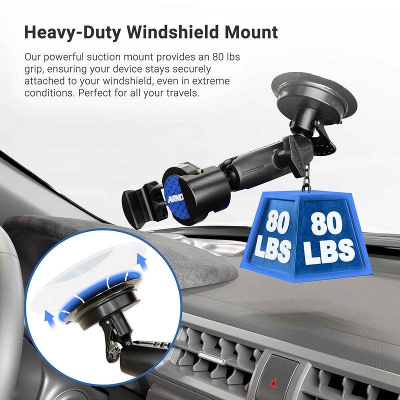 The RoadVise® Phone Holder with Suction Mount and Adjustable Arm is shown on a car dashboard, supporting up to 80 lbs. Text highlights its powerful suction for secure phone mounting while traveling.