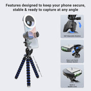 The RoadVise® Tripod and Ring Light Bundle offers 360° rotation, a quick-release system, a built-in bubble level, and phone holder. Three close-up images highlight the versatile features of this tripod and ring light bundle.