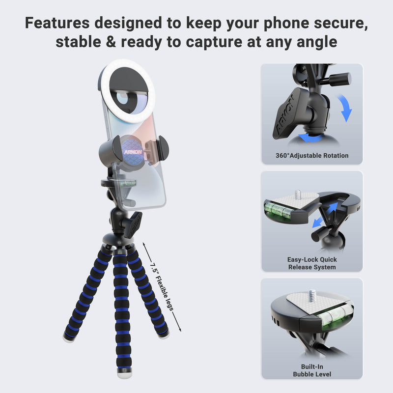 The RoadVise® Tripod and Ring Light Bundle offers 360° rotation, a quick-release system, a built-in bubble level, and phone holder. Three close-up images highlight the versatile features of this tripod and ring light bundle.