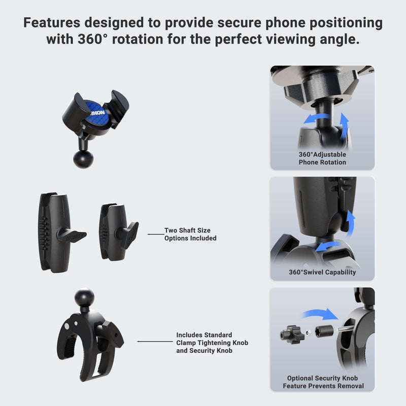 Infographic of the RoadVise® Robust Clamp Phone Mount with 360° adjustable rotation, two shaft sizes, 360° swivel, clamp tightening knob, and an optional security knob for theft prevention.