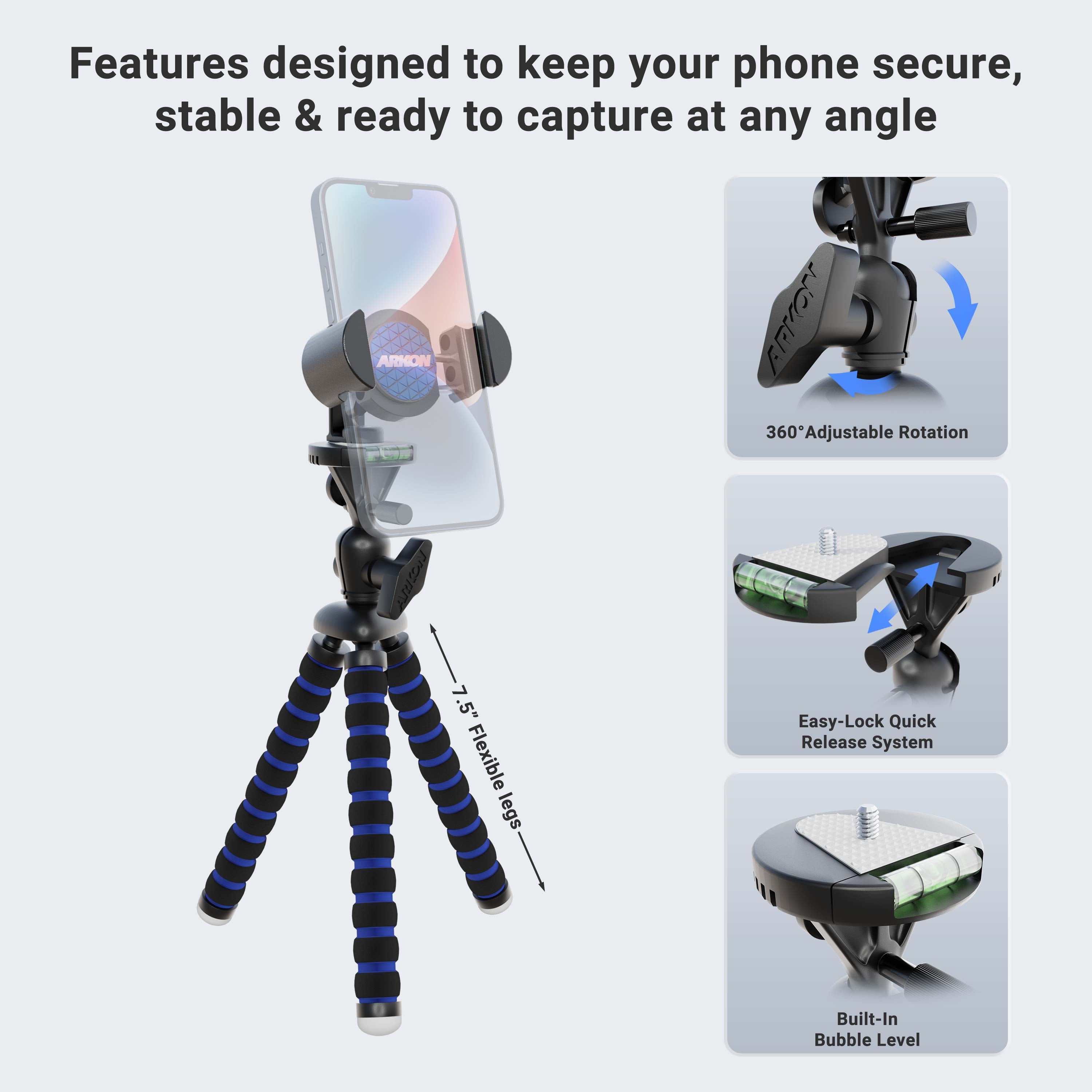 11 inch Tripod with RoadVise® Phone Holder Mount for Video