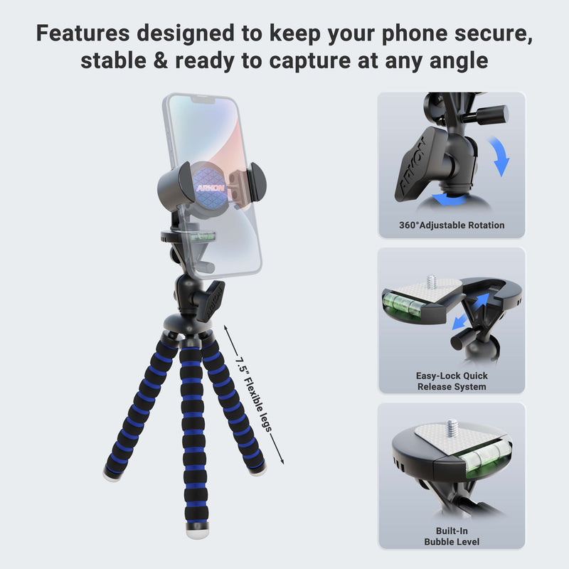 The 11 inch Tripod with RoadVise® Phone Holder Mount for Video features 360° adjustable rotation, an easy-lock quick release system, built-in bubble level, and a flexible stand—ideal for content creators.