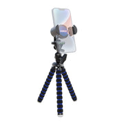 The 11 inch Tripod with RoadVise® Phone Holder Mount for Video features black and blue flexible legs, a sturdy mount, and adjustable joints—ideal for content creators who need stable smartphone photography or video recording.