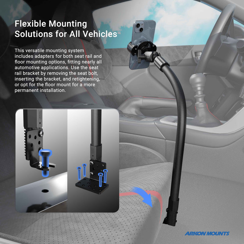 The RoadVise XL Phone Holder with Heavy Duty Car Seat Rail Mount and 3.75” Shaft Arm is installed on a car seat rail. An inset highlights the mounting bracket, screws, and installation, with text detailing features and compatibility.