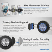 The RoadVise® Phone Holder with Car Headrest Mount secures phones using rubber padded grips and a spring-loaded mechanism, providing stable backseat entertainment and reliable drop protection.